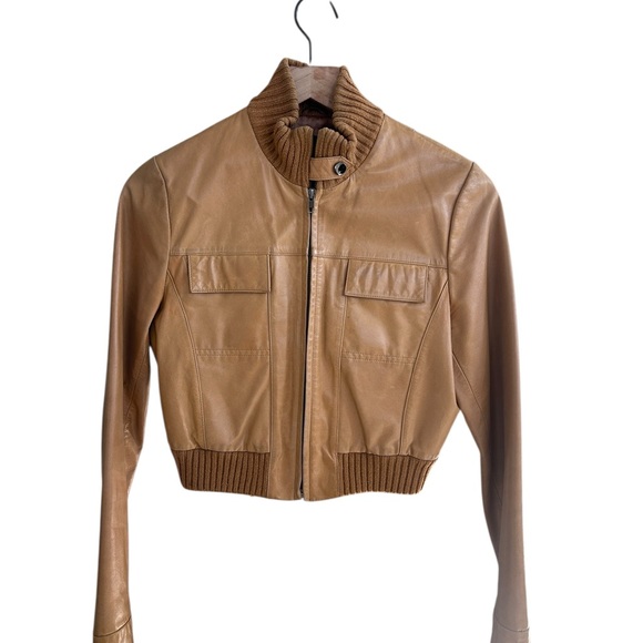 VINTAGE Guess Leather Bomber Jacket - Tan - Size XS - Y2K - Picture 2 of 6